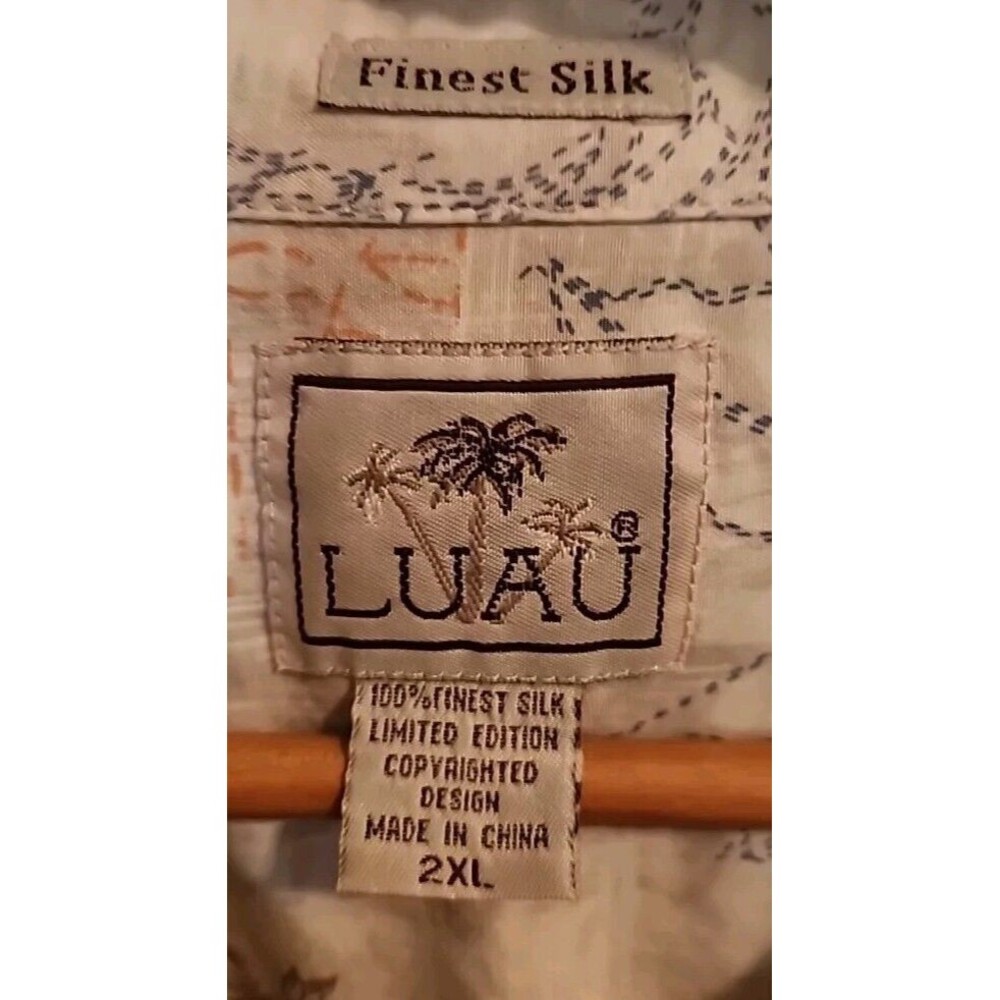 Luau Mens 2XL Beige Button Up 100% Finest Silk Brown Hawaiian Short Sleeve - Picture 3 of 8